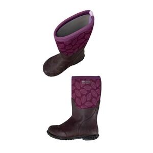 Bogs Kids Rain Boots Purple Leaf Print Burgundy Waterproof Insulated Size‎ 12